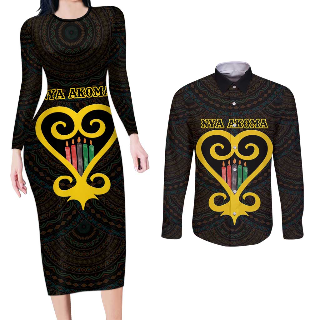 Personalised Happy Black Love Day Couples Matching Long Sleeve Bodycon Dress and Long Sleeve Button Shirt Sankofa Heart With Adinkra Pattern