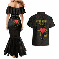 Personalised Happy Black Love Day Couples Matching Mermaid Dress and Hawaiian Shirt Sankofa Heart With Adinkra Pattern