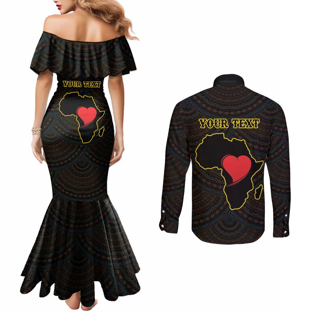 Personalised Happy Black Love Day Couples Matching Mermaid Dress and Long Sleeve Button Shirt Sankofa Heart With Adinkra Pattern