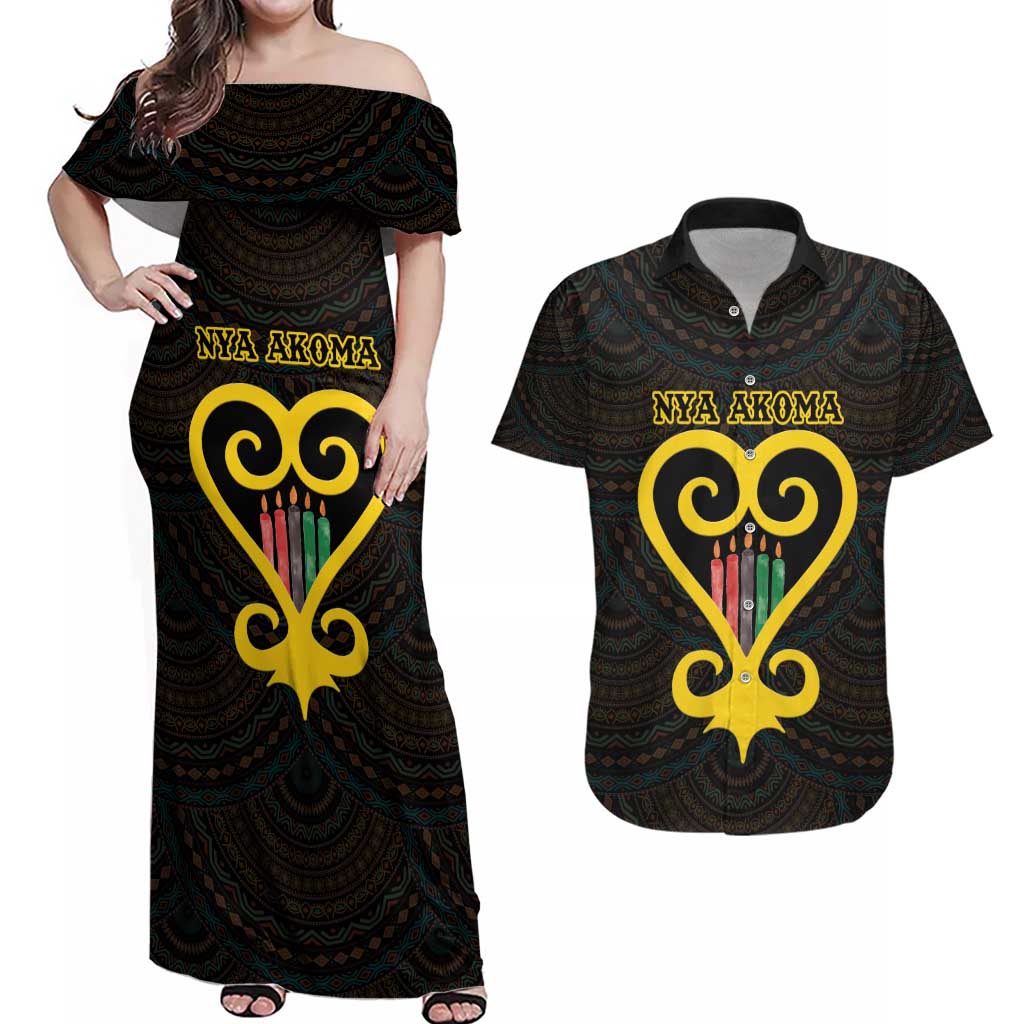 Personalised Happy Black Love Day Couples Matching Off Shoulder Maxi Dress and Hawaiian Shirt Sankofa Heart With Adinkra Pattern