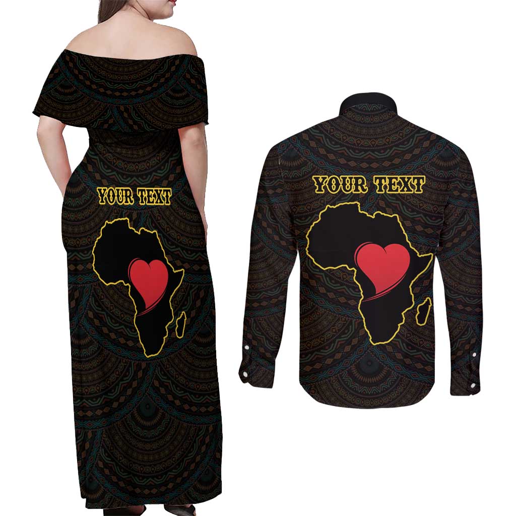 Personalised Happy Black Love Day Couples Matching Off Shoulder Maxi Dress and Long Sleeve Button Shirt Sankofa Heart With Adinkra Pattern