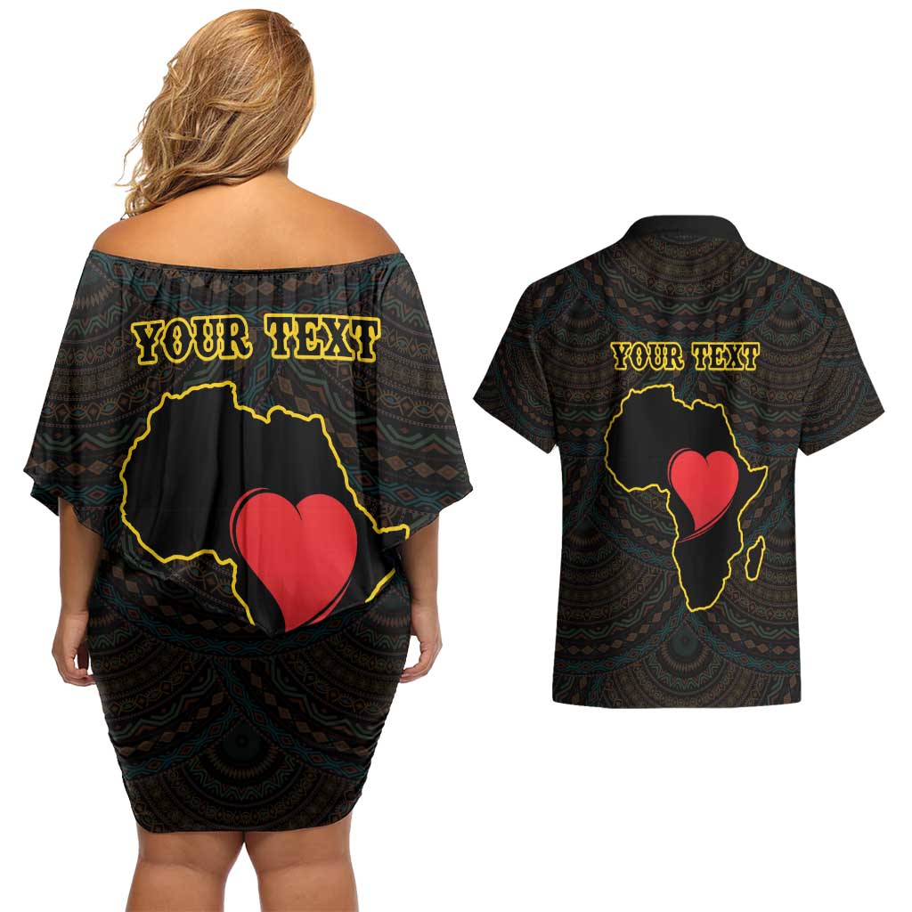 Personalised Happy Black Love Day Couples Matching Off Shoulder Short Dress and Hawaiian Shirt Sankofa Heart With Adinkra Pattern