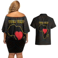 Personalised Happy Black Love Day Couples Matching Off Shoulder Short Dress and Hawaiian Shirt Sankofa Heart With Adinkra Pattern