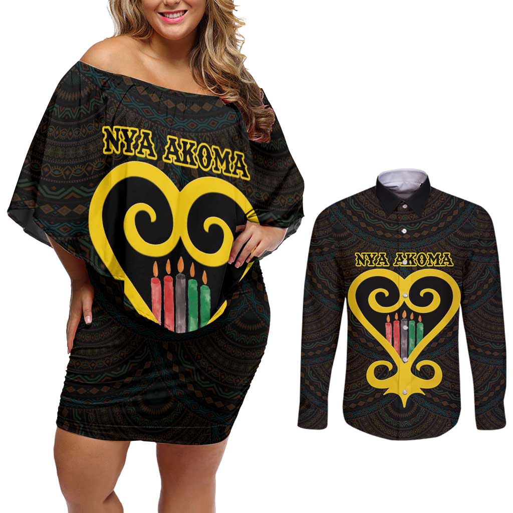 Personalised Happy Black Love Day Couples Matching Off Shoulder Short Dress and Long Sleeve Button Shirt Sankofa Heart With Adinkra Pattern