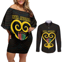 Personalised Happy Black Love Day Couples Matching Off Shoulder Short Dress and Long Sleeve Button Shirt Sankofa Heart With Adinkra Pattern