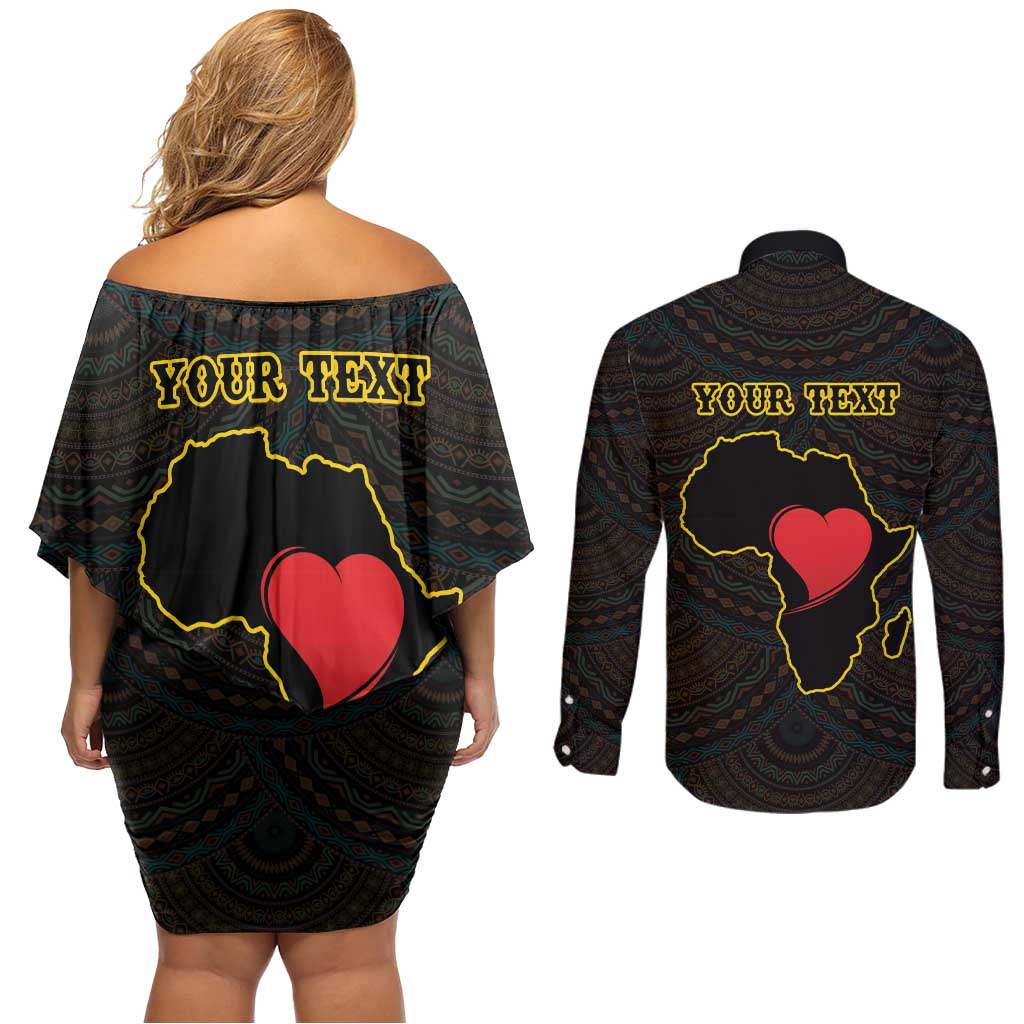 Personalised Happy Black Love Day Couples Matching Off Shoulder Short Dress and Long Sleeve Button Shirt Sankofa Heart With Adinkra Pattern