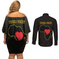 Personalised Happy Black Love Day Couples Matching Off Shoulder Short Dress and Long Sleeve Button Shirt Sankofa Heart With Adinkra Pattern