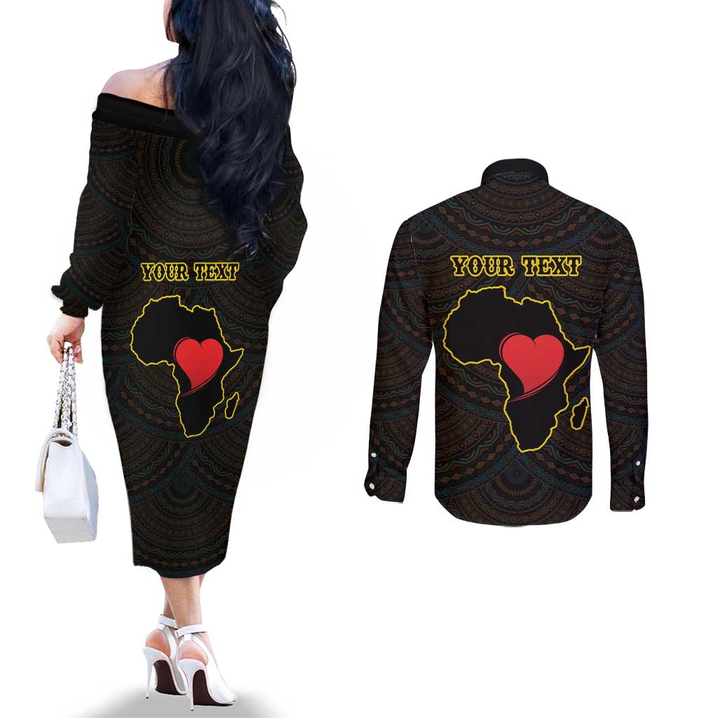 Personalised Happy Black Love Day Couples Matching Off The Shoulder Long Sleeve Dress and Long Sleeve Button Shirt Sankofa Heart With Adinkra Pattern