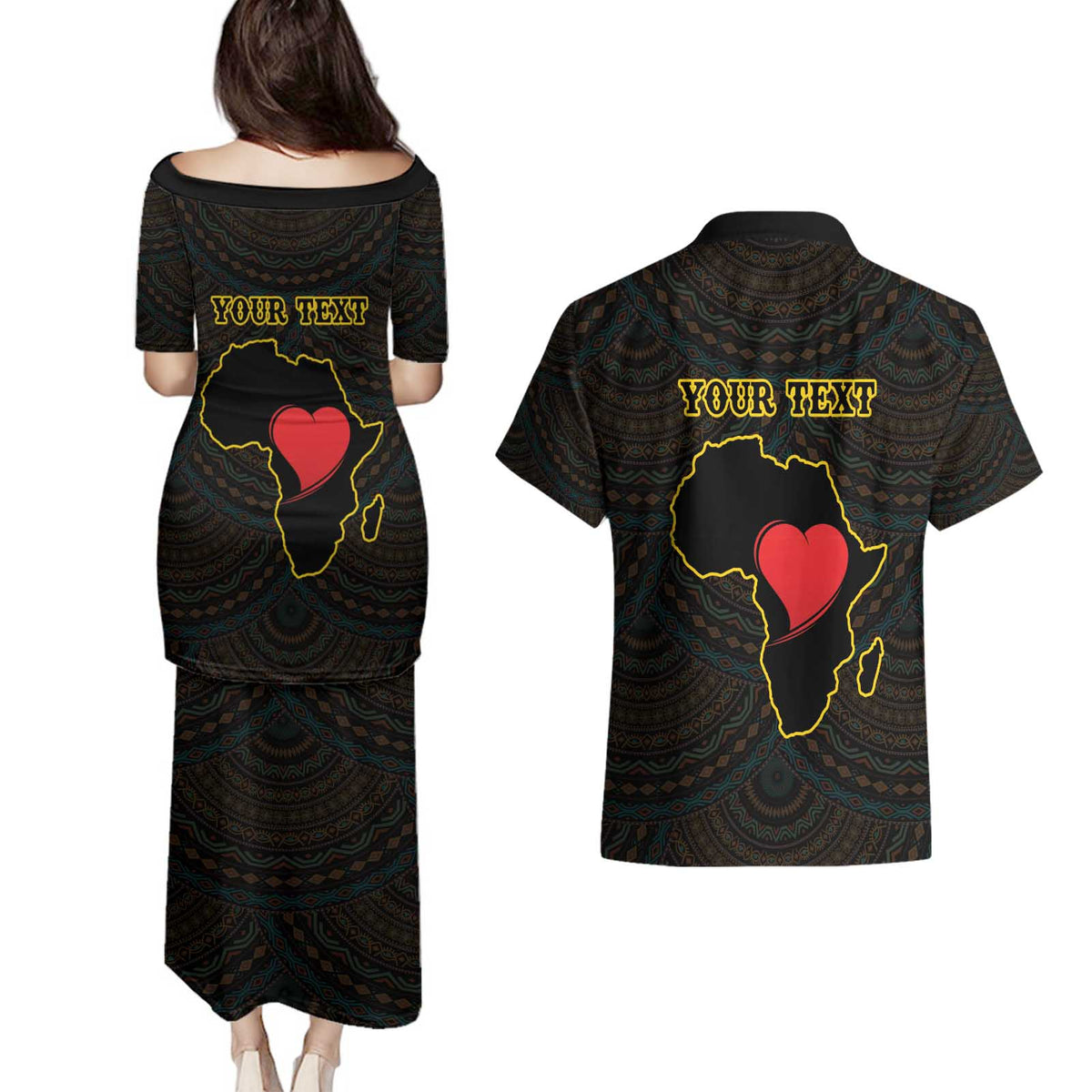 Personalised Happy Black Love Day Couples Matching Puletasi and Hawaiian Shirt Sankofa Heart With Adinkra Pattern