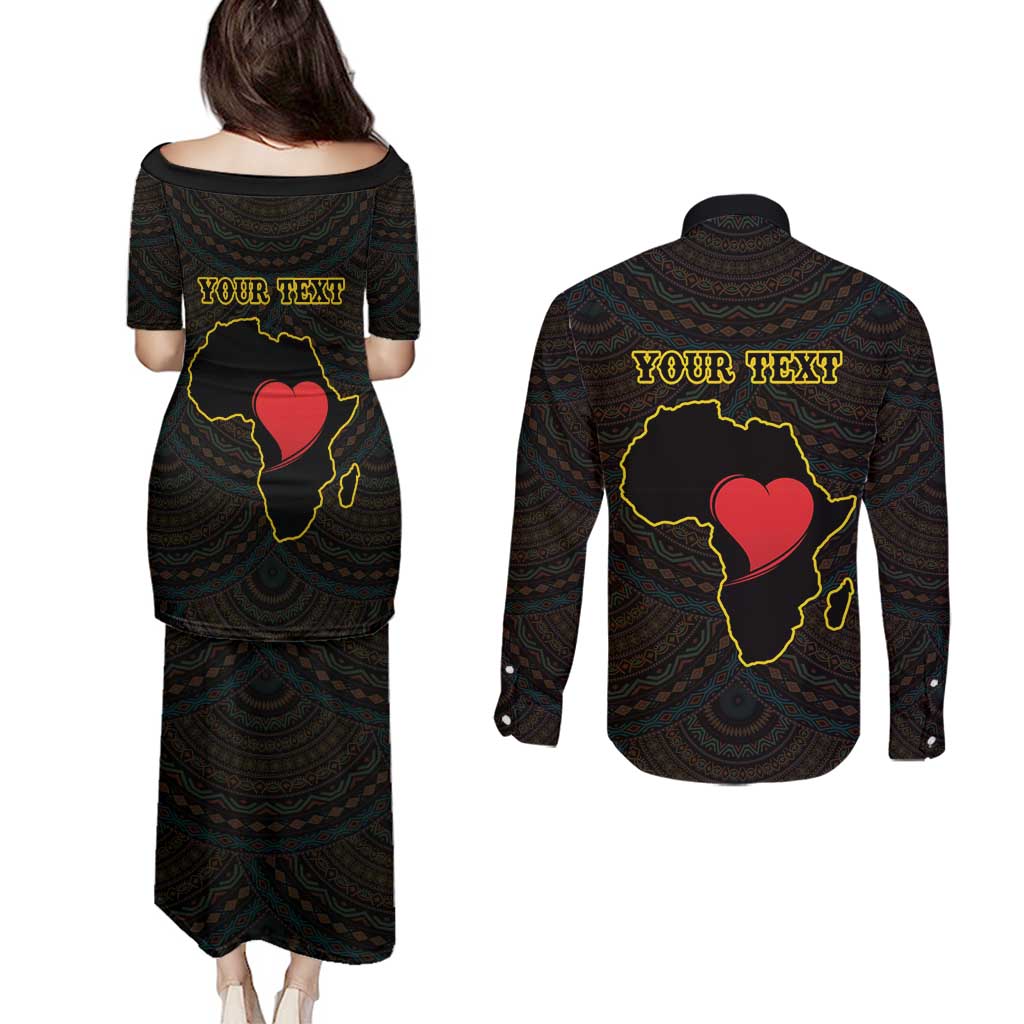 Personalised Happy Black Love Day Couples Matching Puletasi and Long Sleeve Button Shirt Sankofa Heart With Adinkra Pattern