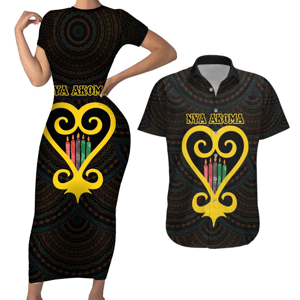 Personalised Happy Black Love Day Couples Matching Short Sleeve Bodycon Dress and Hawaiian Shirt Sankofa Heart With Adinkra Pattern