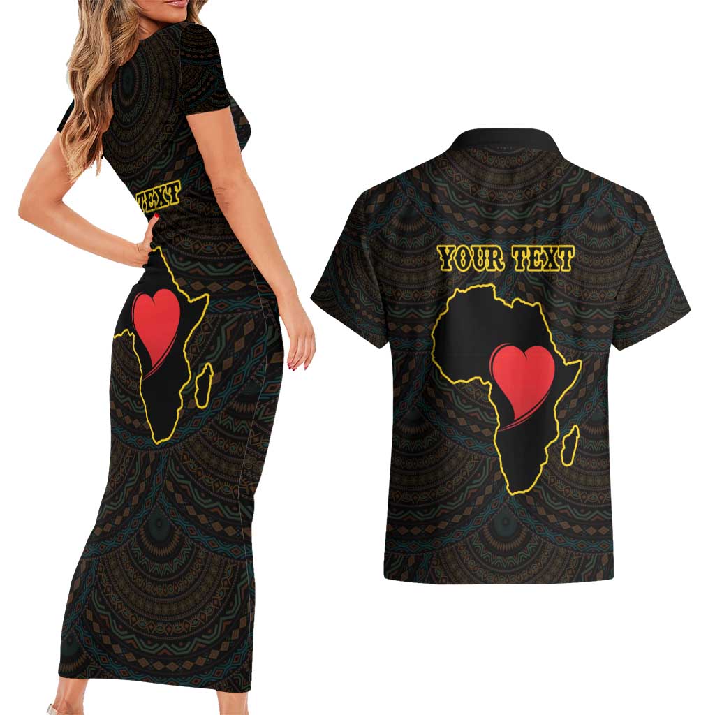 Personalised Happy Black Love Day Couples Matching Short Sleeve Bodycon Dress and Hawaiian Shirt Sankofa Heart With Adinkra Pattern