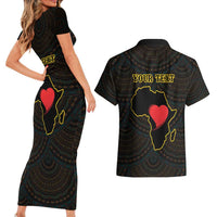 Personalised Happy Black Love Day Couples Matching Short Sleeve Bodycon Dress and Hawaiian Shirt Sankofa Heart With Adinkra Pattern