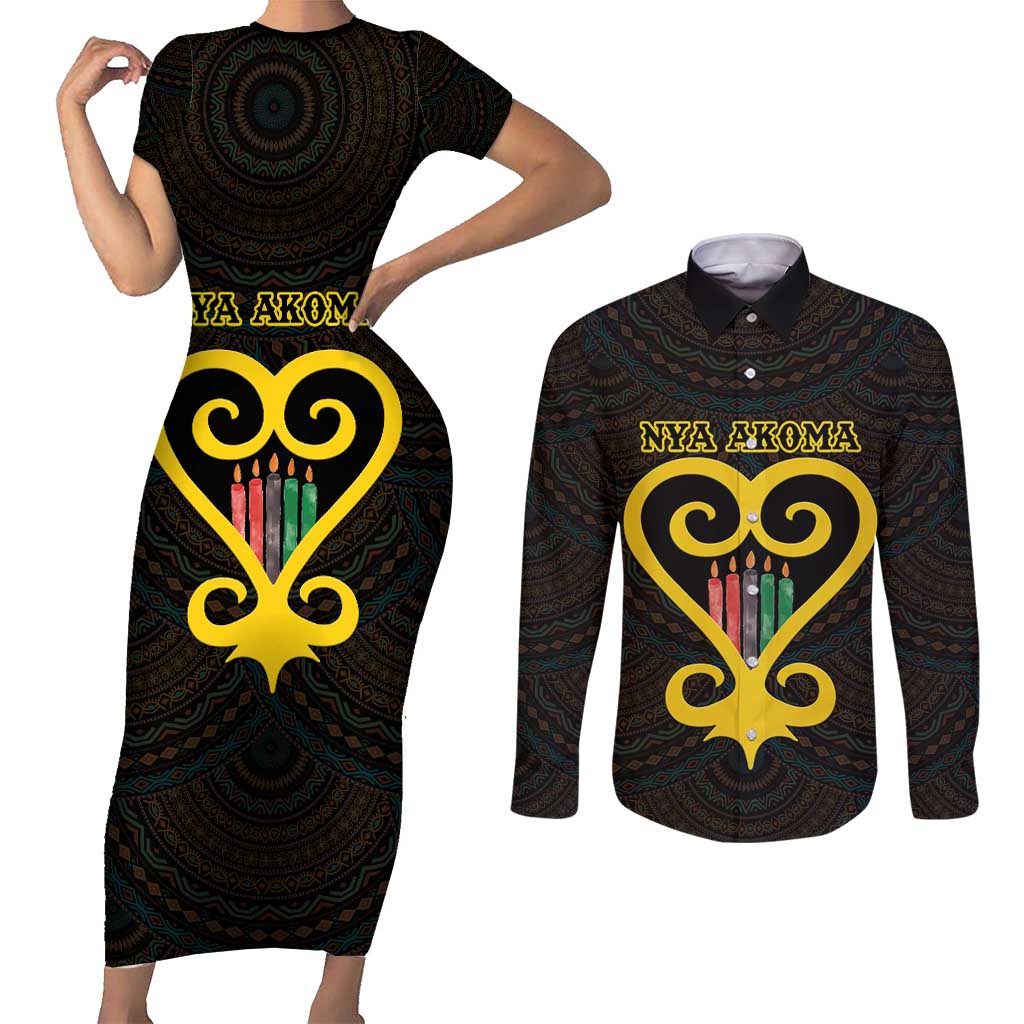 Personalised Happy Black Love Day Couples Matching Short Sleeve Bodycon Dress and Long Sleeve Button Shirt Sankofa Heart With Adinkra Pattern