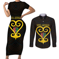Personalised Happy Black Love Day Couples Matching Short Sleeve Bodycon Dress and Long Sleeve Button Shirt Sankofa Heart With Adinkra Pattern