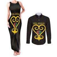 Personalised Happy Black Love Day Couples Matching Tank Maxi Dress and Long Sleeve Button Shirt Sankofa Heart With Adinkra Pattern