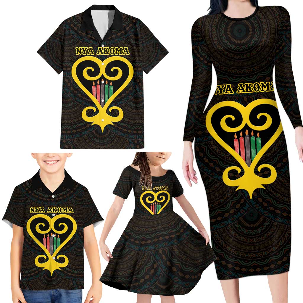 Personalised Happy Black Love Day Family Matching Long Sleeve Bodycon Dress and Hawaiian Shirt Sankofa Heart With Adinkra Pattern