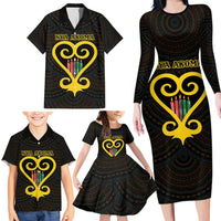 Personalised Happy Black Love Day Family Matching Long Sleeve Bodycon Dress and Hawaiian Shirt Sankofa Heart With Adinkra Pattern