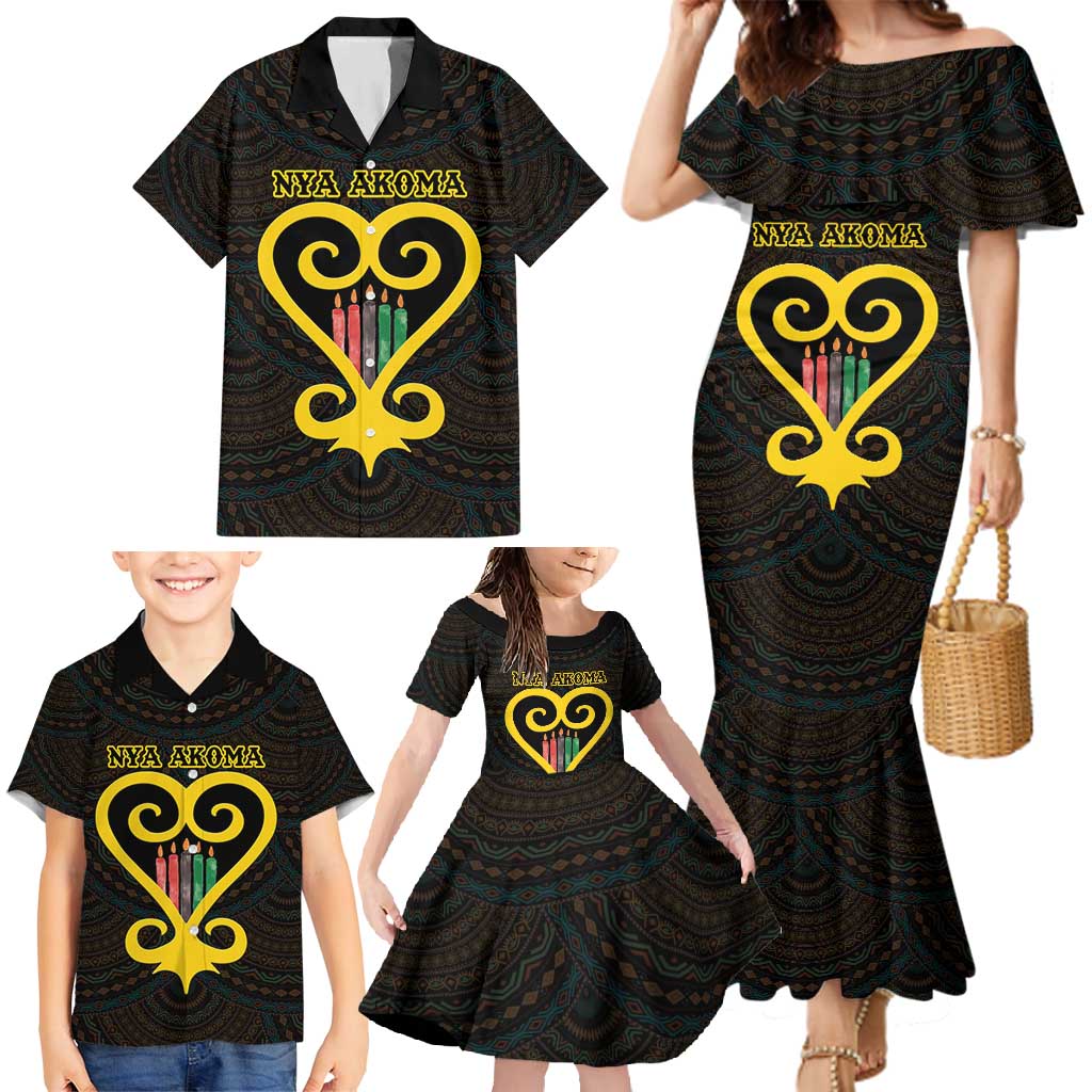 Personalised Happy Black Love Day Family Matching Mermaid Dress and Hawaiian Shirt Sankofa Heart With Adinkra Pattern