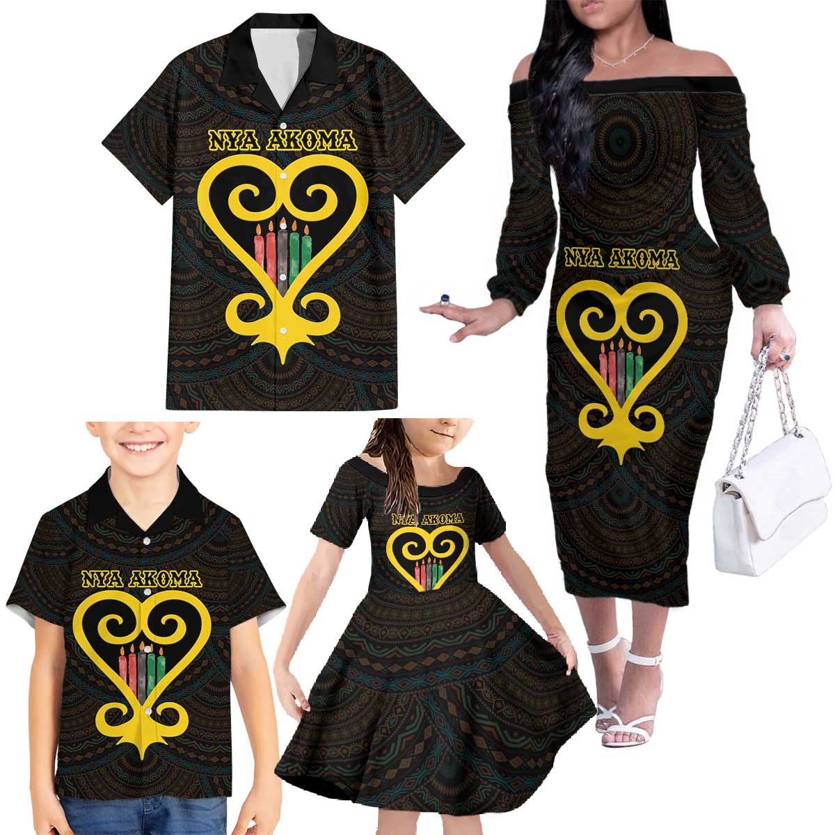 Personalised Happy Black Love Day Family Matching Off The Shoulder Long Sleeve Dress and Hawaiian Shirt Sankofa Heart With Adinkra Pattern