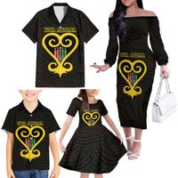 Personalised Happy Black Love Day Family Matching Off The Shoulder Long Sleeve Dress and Hawaiian Shirt Sankofa Heart With Adinkra Pattern