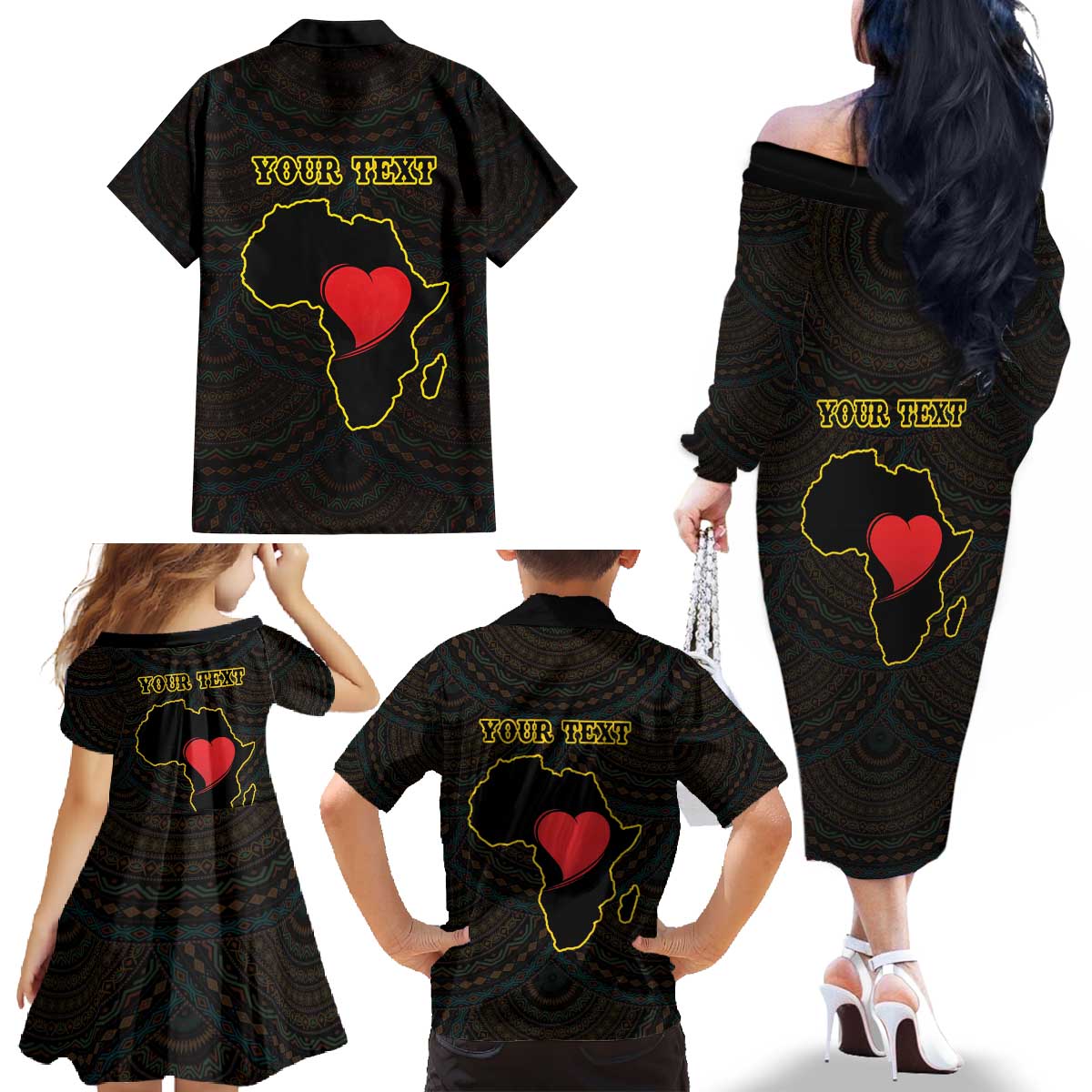 Personalised Happy Black Love Day Family Matching Off The Shoulder Long Sleeve Dress and Hawaiian Shirt Sankofa Heart With Adinkra Pattern