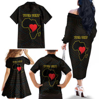 Personalised Happy Black Love Day Family Matching Off The Shoulder Long Sleeve Dress and Hawaiian Shirt Sankofa Heart With Adinkra Pattern