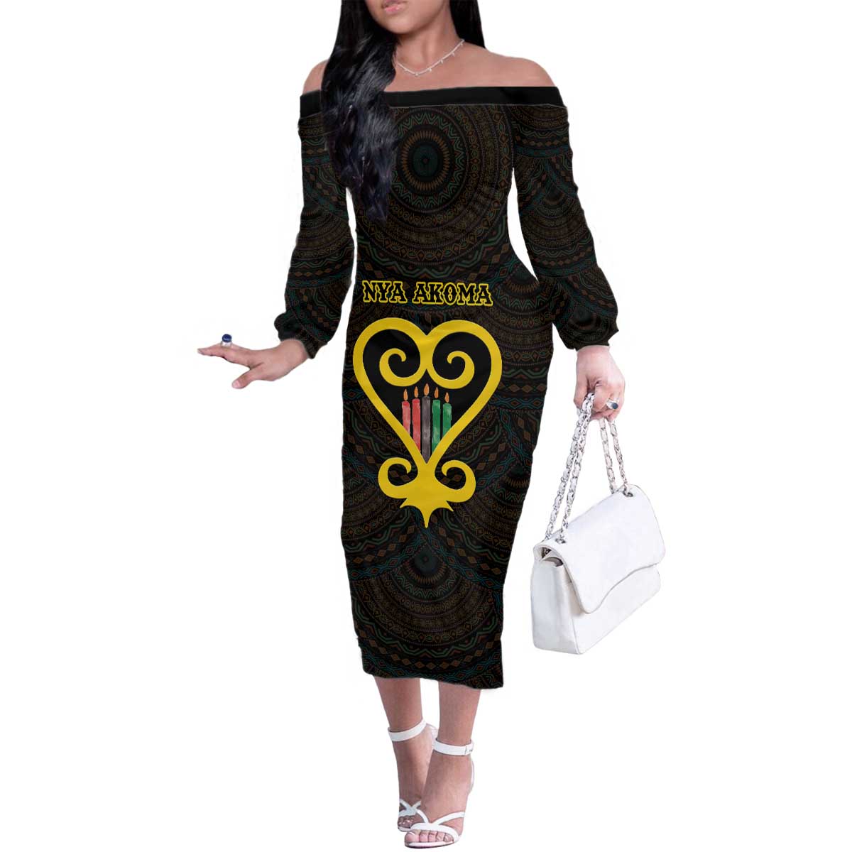 Personalised Happy Black Love Day Family Matching Off The Shoulder Long Sleeve Dress and Hawaiian Shirt Sankofa Heart With Adinkra Pattern