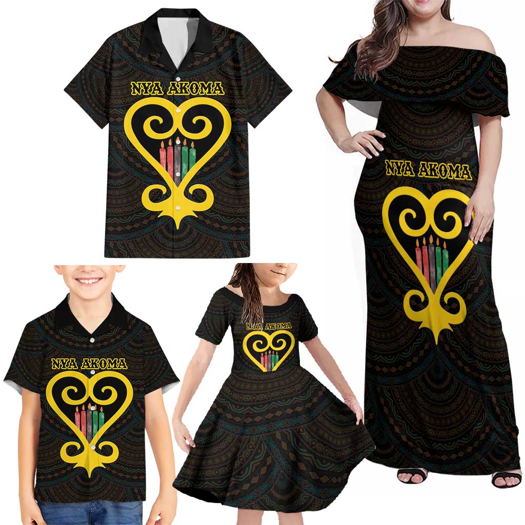 Personalised Happy Black Love Day Family Matching Off Shoulder Maxi Dress and Hawaiian Shirt Sankofa Heart With Adinkra Pattern