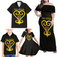 Personalised Happy Black Love Day Family Matching Off Shoulder Maxi Dress and Hawaiian Shirt Sankofa Heart With Adinkra Pattern