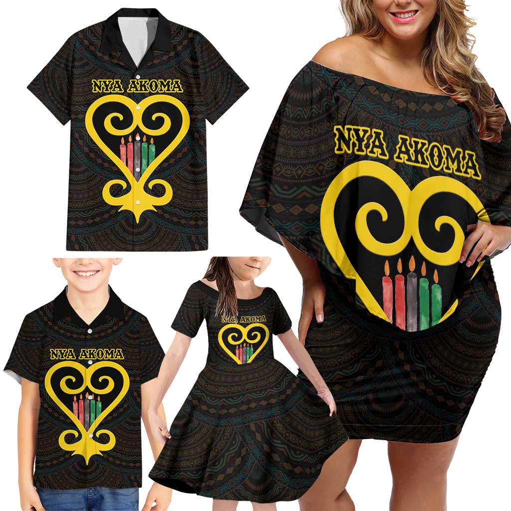 Personalised Happy Black Love Day Family Matching Off Shoulder Short Dress and Hawaiian Shirt Sankofa Heart With Adinkra Pattern