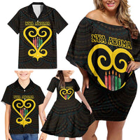 Personalised Happy Black Love Day Family Matching Off Shoulder Short Dress and Hawaiian Shirt Sankofa Heart With Adinkra Pattern