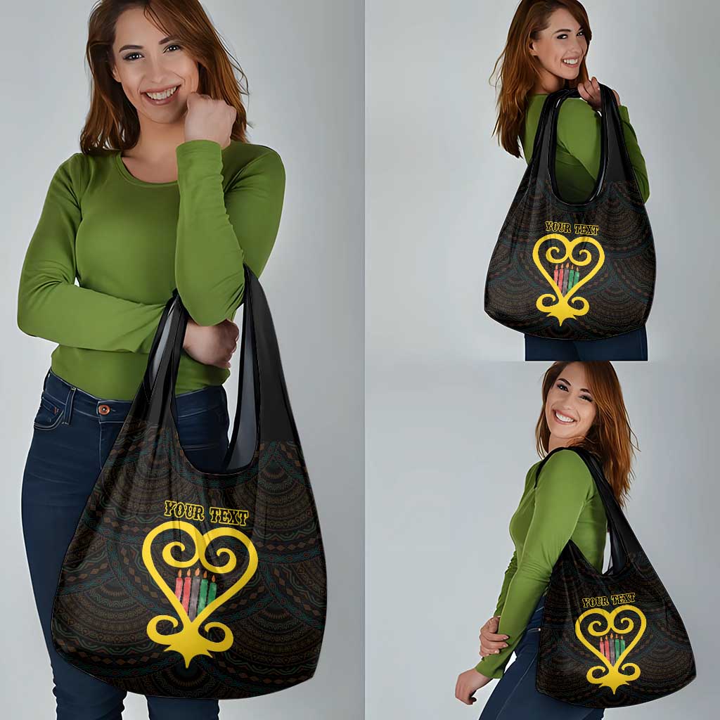 Personalised Happy Black Love Day Grocery Bag Sankofa Heart With Adinkra Pattern