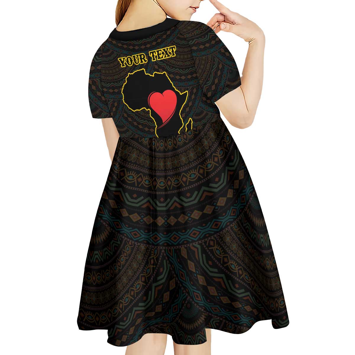 Personalised Happy Black Love Day Kid Short Sleeve Dress Sankofa Heart With Adinkra Pattern