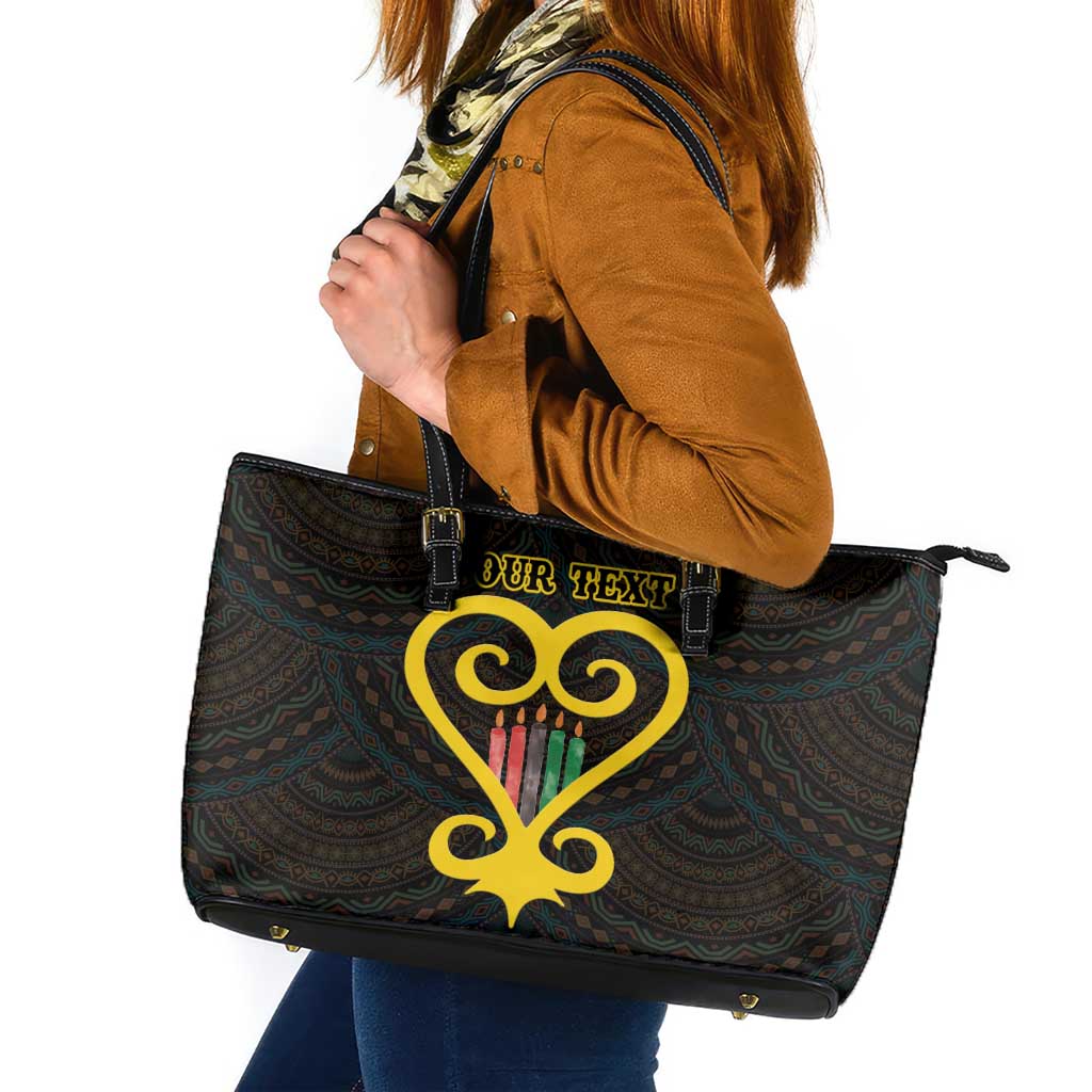 Personalised Happy Black Love Day Leather Tote Bag Sankofa Heart With Adinkra Pattern