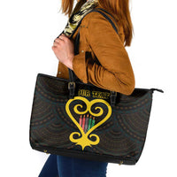 Personalised Happy Black Love Day Leather Tote Bag Sankofa Heart With Adinkra Pattern