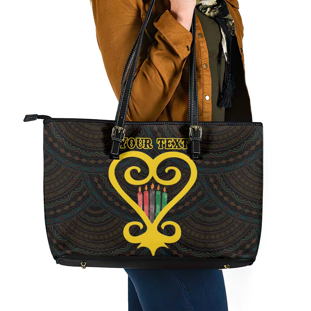 Personalised Happy Black Love Day Leather Tote Bag Sankofa Heart With Adinkra Pattern