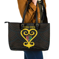 Personalised Happy Black Love Day Leather Tote Bag Sankofa Heart With Adinkra Pattern