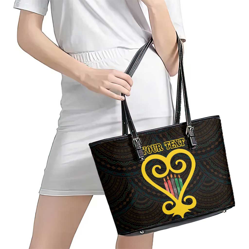 Personalised Happy Black Love Day Leather Tote Bag Sankofa Heart With Adinkra Pattern