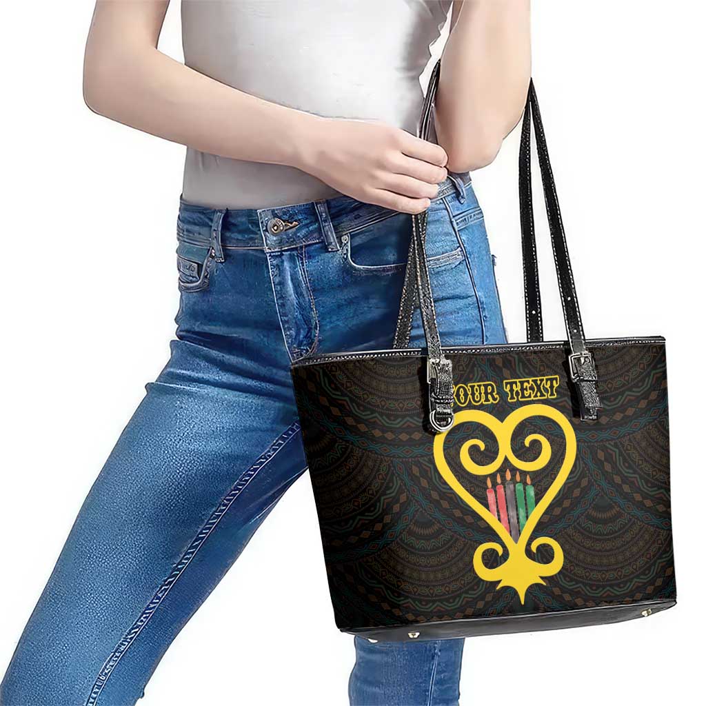 Personalised Happy Black Love Day Leather Tote Bag Sankofa Heart With Adinkra Pattern