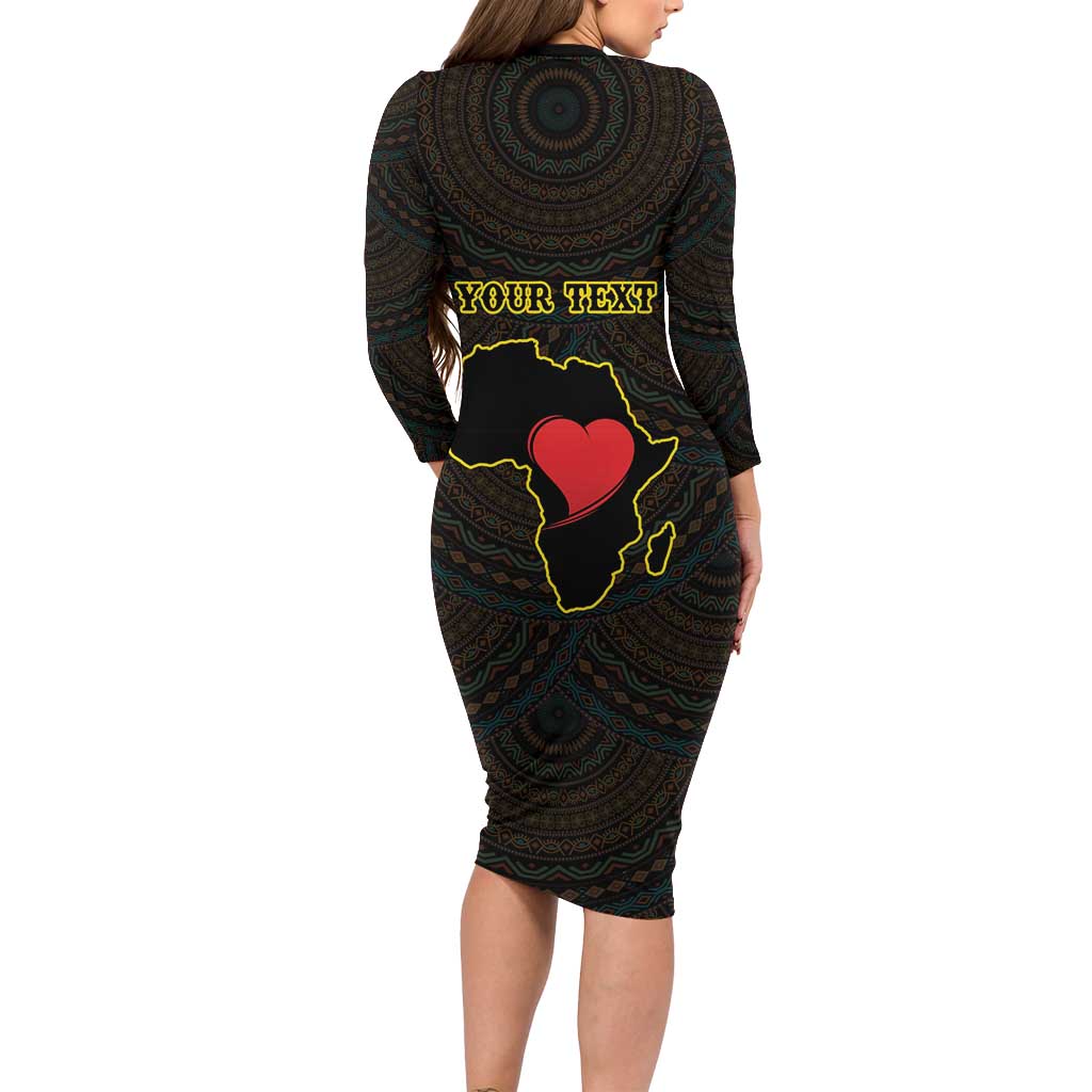 Personalised Happy Black Love Day Long Sleeve Bodycon Dress Sankofa Heart With Adinkra Pattern