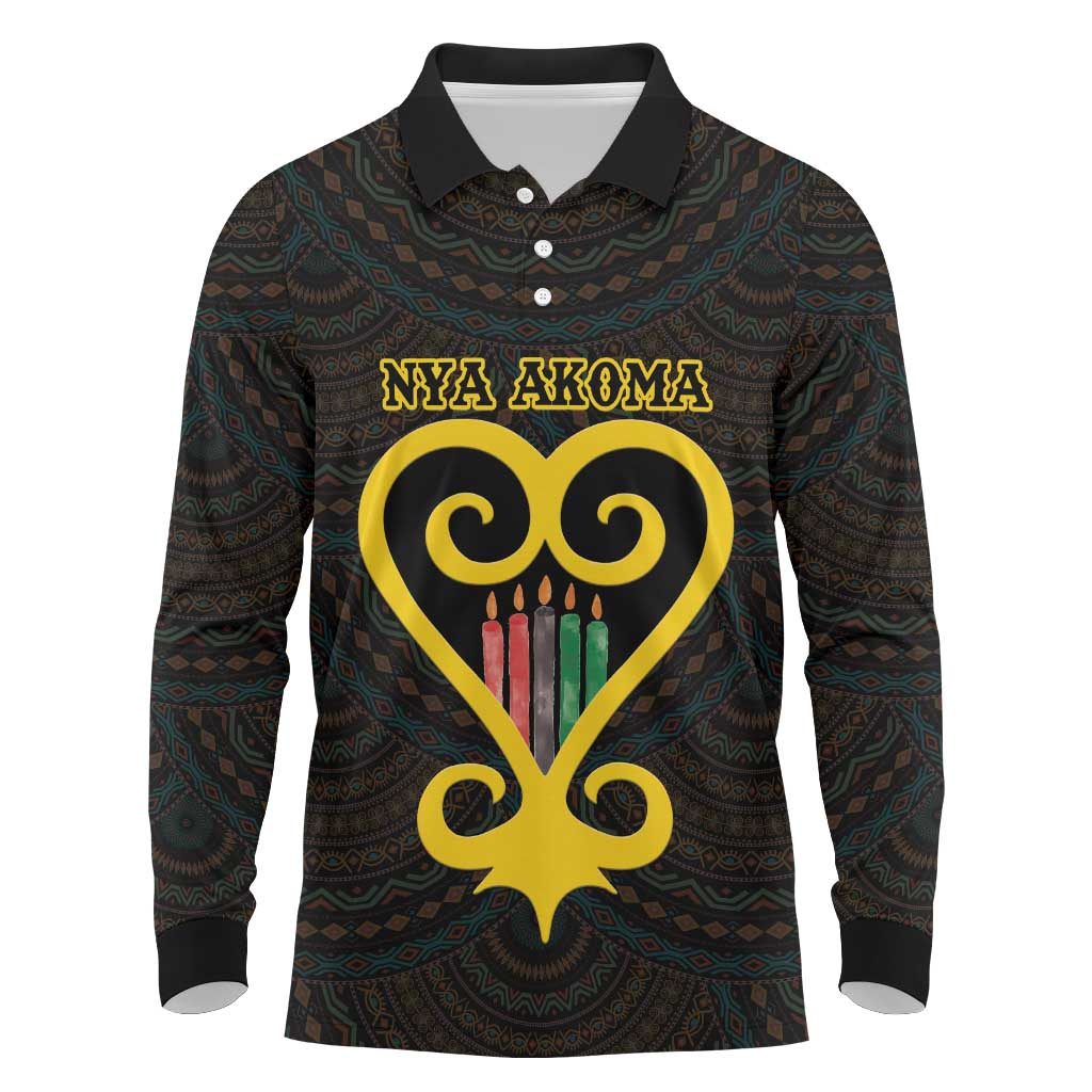Personalised Happy Black Love Day Long Sleeve Polo Shirt Sankofa Heart With Adinkra Pattern - Wonder Print Shop