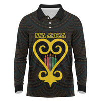 Personalised Happy Black Love Day Long Sleeve Polo Shirt Sankofa Heart With Adinkra Pattern - Wonder Print Shop
