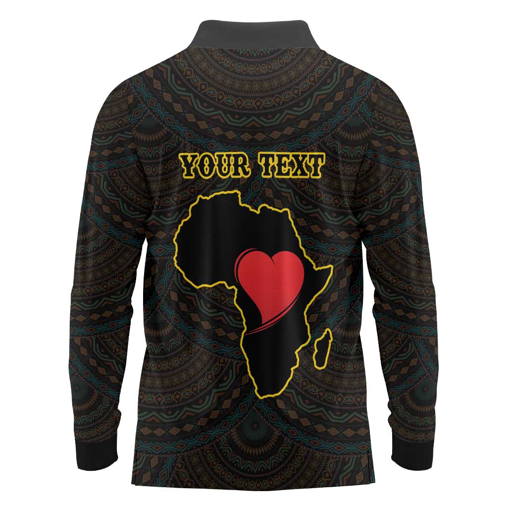 Personalised Happy Black Love Day Long Sleeve Polo Shirt Sankofa Heart With Adinkra Pattern - Wonder Print Shop