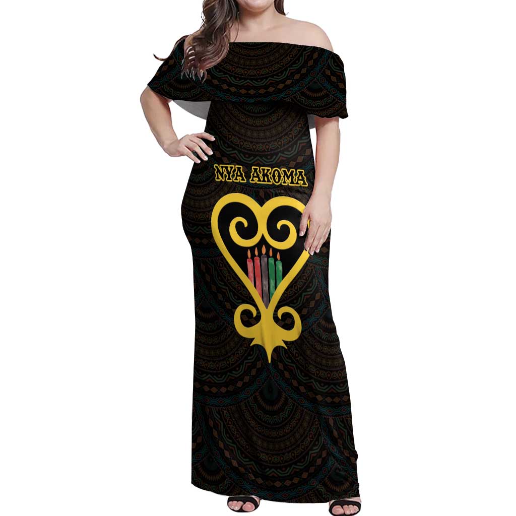 Personalised Happy Black Love Day Off Shoulder Maxi Dress Sankofa Heart With Adinkra Pattern - Wonder Print Shop