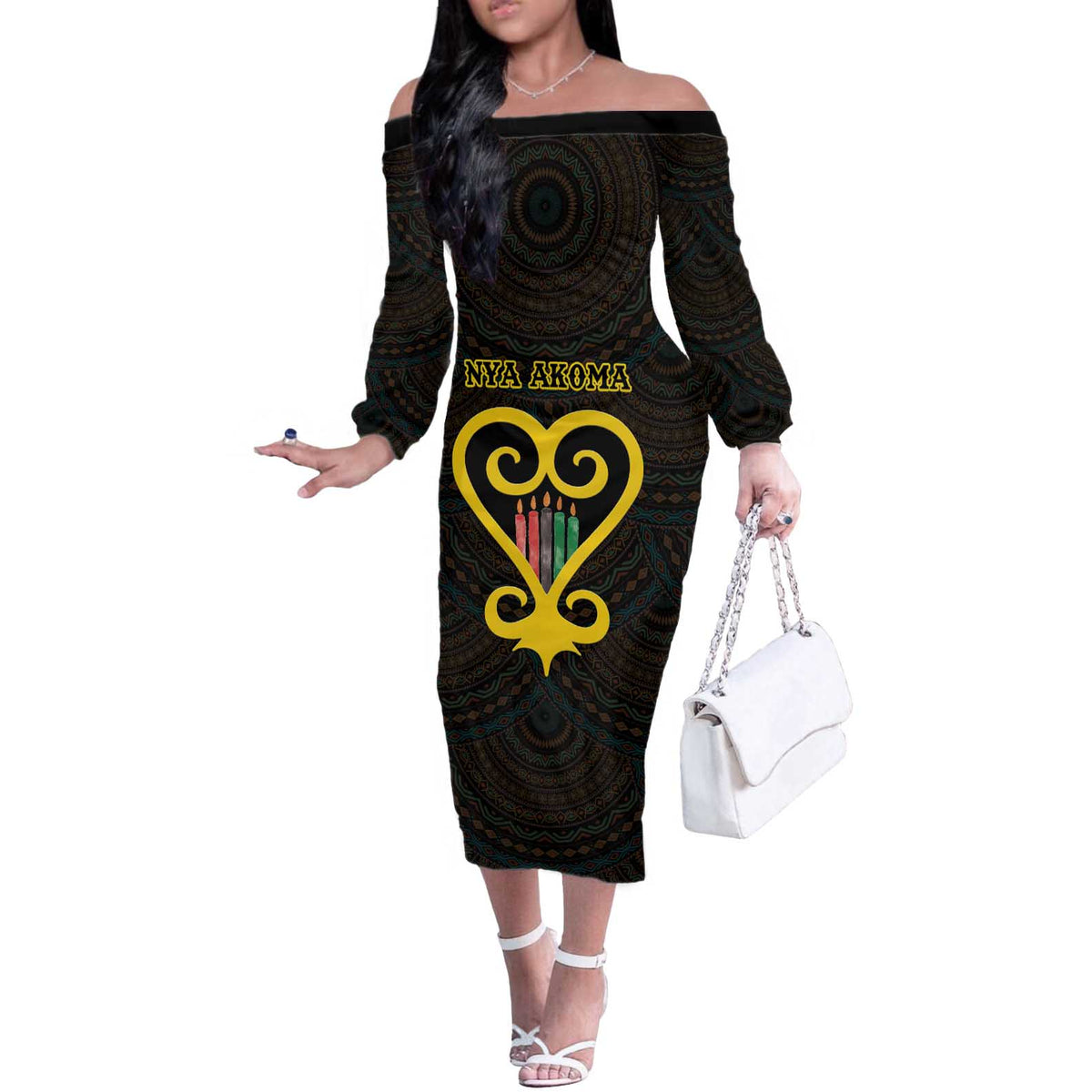 Personalised Happy Black Love Day Off The Shoulder Long Sleeve Dress Sankofa Heart With Adinkra Pattern - Wonder Print Shop