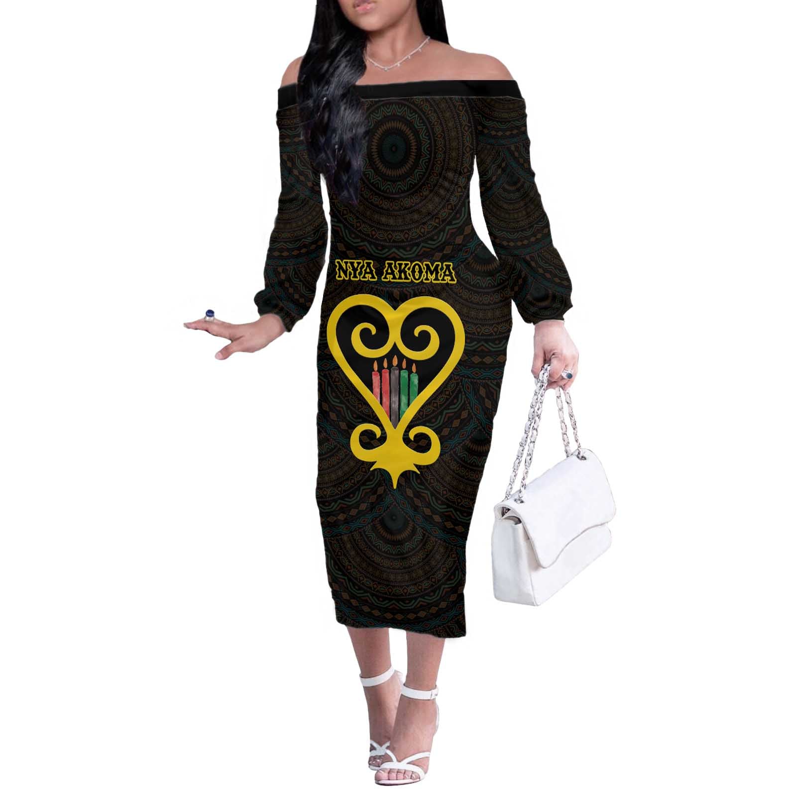 Personalised Happy Black Love Day Off The Shoulder Long Sleeve Dress Sankofa Heart With Adinkra Pattern - Wonder Print Shop