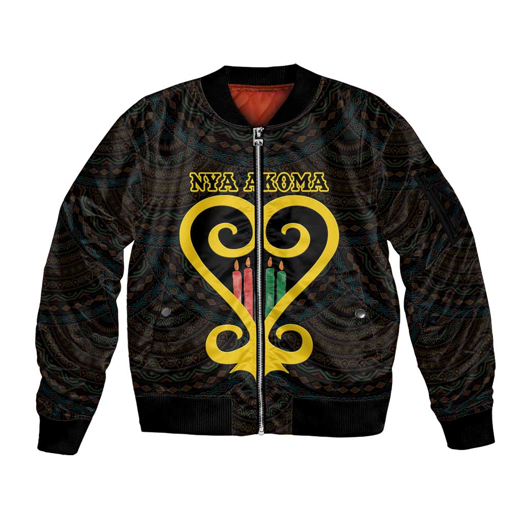Personalised Happy Black Love Day Sleeve Zip Bomber Jacket Sankofa Heart With Adinkra Pattern - Wonder Print Shop