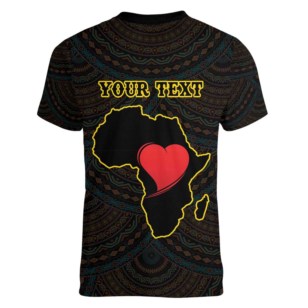 Personalised Happy Black Love Day Women V-Neck T-Shirt Sankofa Heart With Adinkra Pattern - Wonder Print Shop