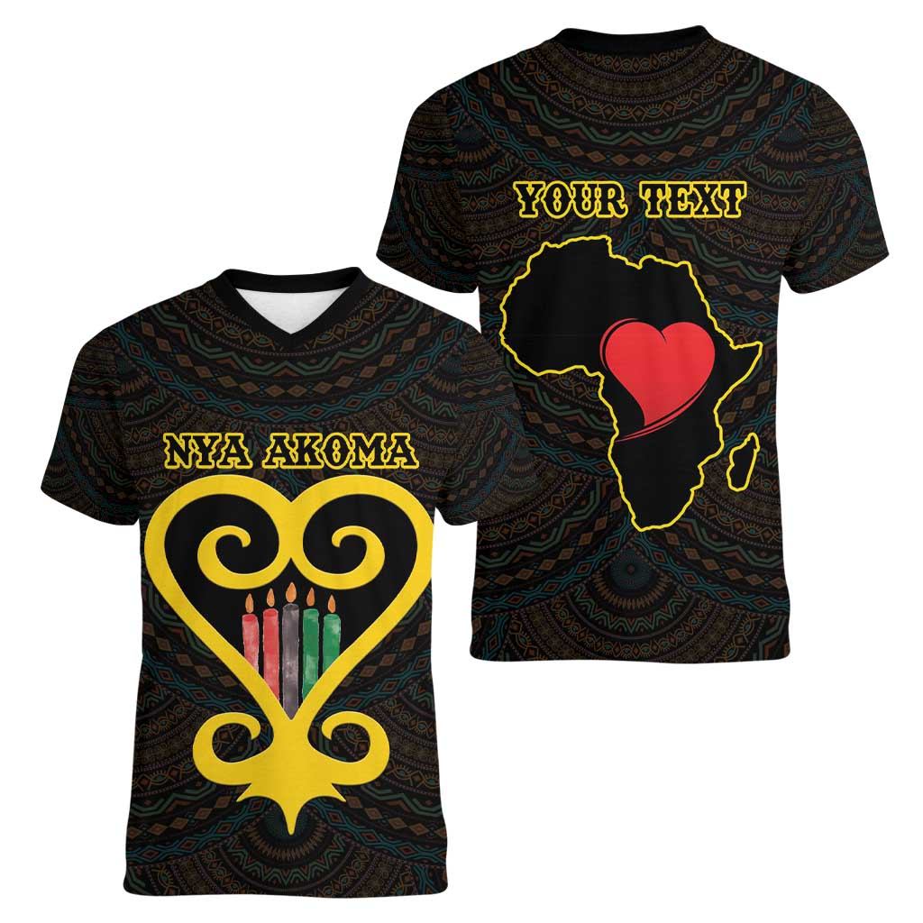 Personalised Happy Black Love Day Women V-Neck T-Shirt Sankofa Heart With Adinkra Pattern - Wonder Print Shop